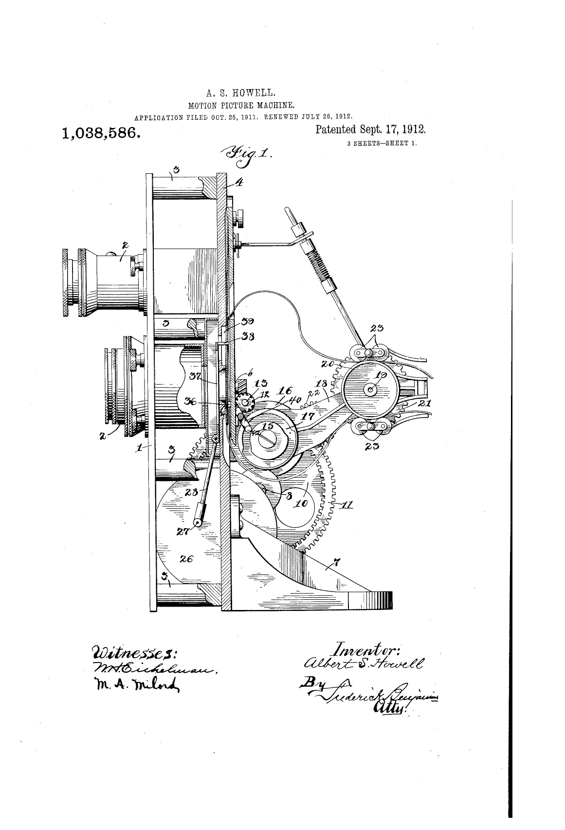 Page one of the patent, containing a full-page drawing of a sectional view of the camera’s motor. Important information such as Howell's name, his signature, a filing witness's signature and the date are also included.