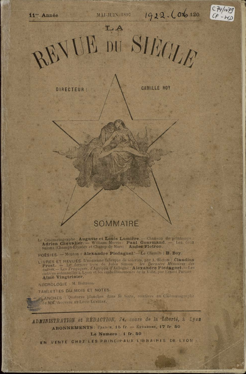 Image of the front cover of La Revue du Siècle, dated 1897. In the centre of the page is a drawing of a star, inside which two women are reading a book. Surrounding it is information about the publication, as well as the name of the director, Camille Roy.