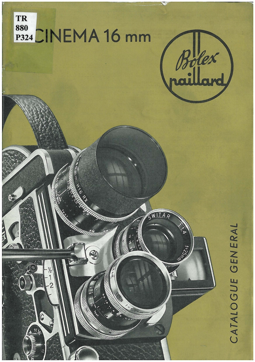 Cover page of the catalogue, featuring a drawing of the Bolex with its three lenses. The background is green and contains user information, as well as the company logo.