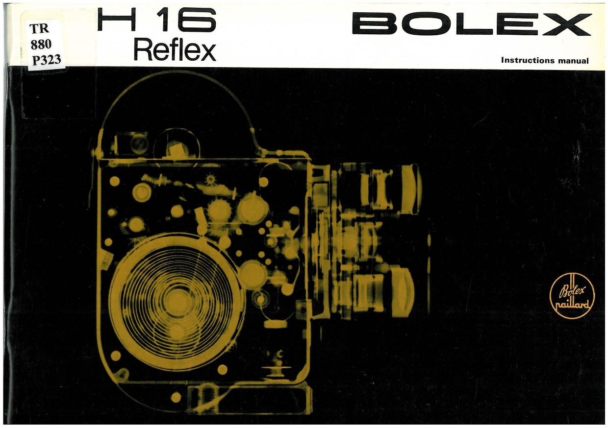 The cover page of the camera’s first instruction manual was completely black except for a white strip at the top of the page. The names Bolex and H16 Reflex are printed on the white strip. The words “Instruction Manual” are printed on the right in small letters. The orange outline of the camera takes up the centre of the black section.