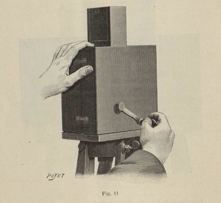 Close-up illustration of the positions of the operator’s hands on the Cinématographe. The camera is set on the tripod in camera mode. The operator’s left hand immobilizes the camera by holding the top of the camera body, while the operator’s right hand turns the hand crank.