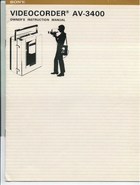 Cover page of the instruction manual for the Portapak (also called the AV-3400 Videocorder). The page is entirely blank except for a drawing of the recorder on the very left, with a second drawing of a person carrying the camera and recorder beside it.