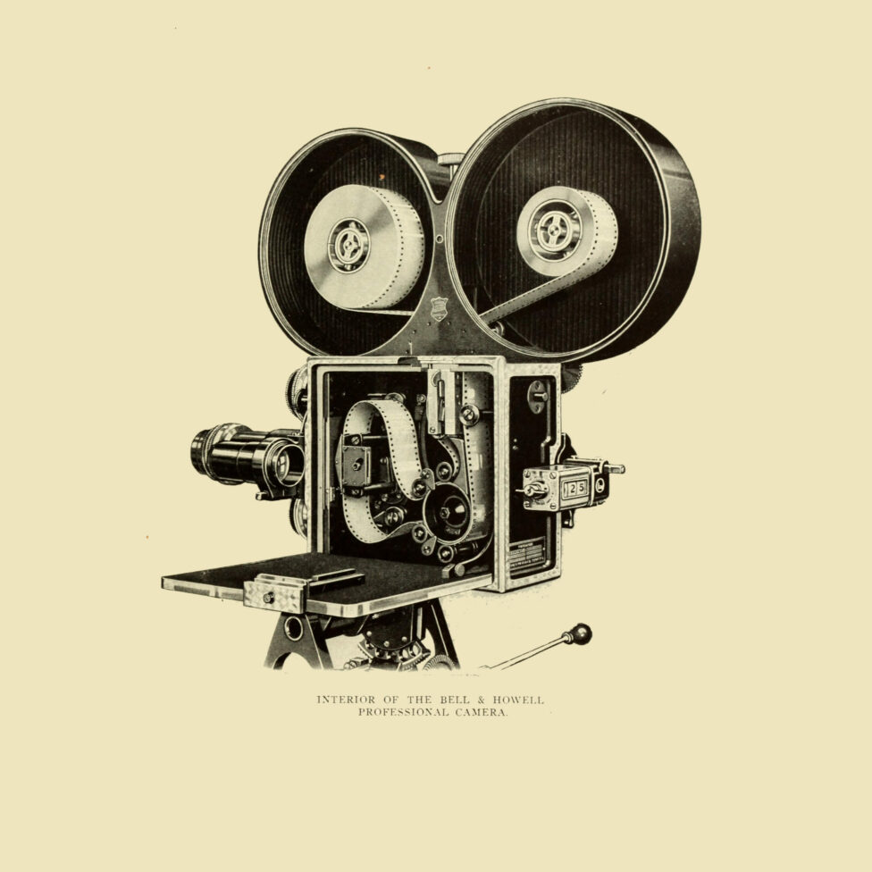 Drawing of the Bell & Howell camera. The path taken by the film can be seen. The blank, unexposed film starts in the left-hand reel, passes through the camera’s drive mechanism and is then taken up by the right-hand reel after exposure. The left side of the camera is open to reveal the exact path taken by the film inside it.