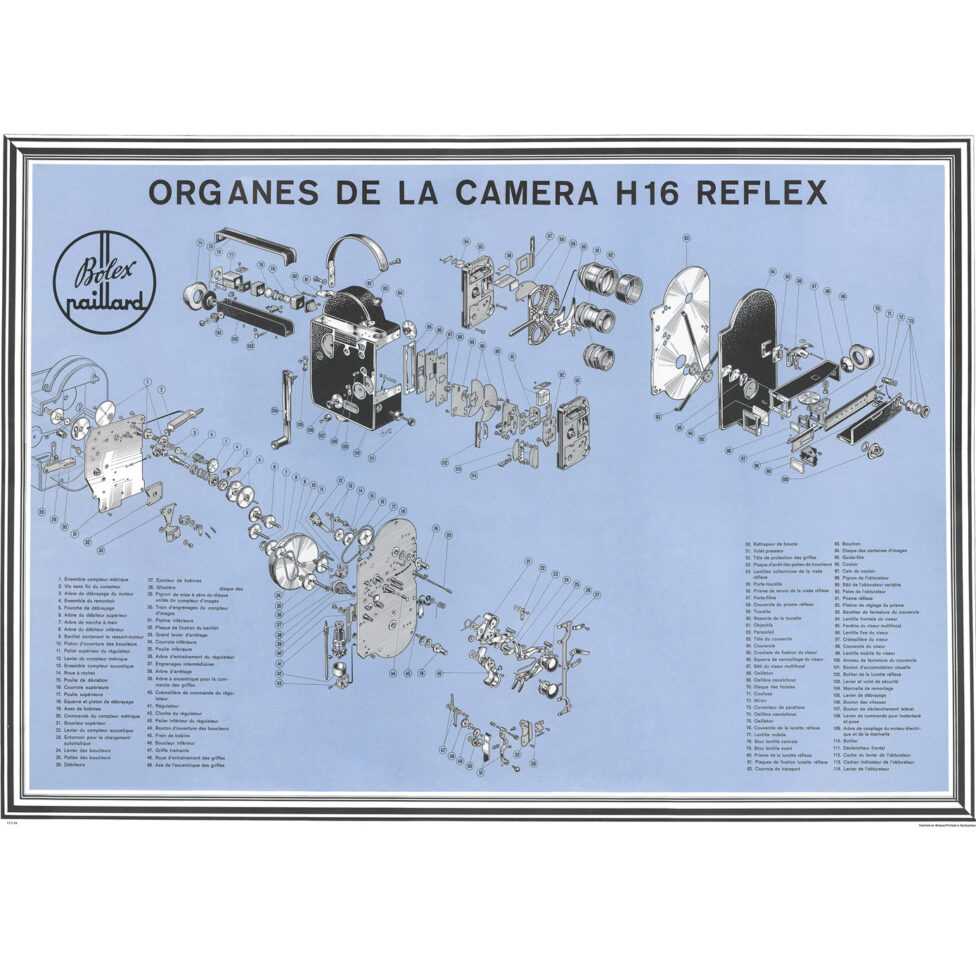 The title “Organes de la caméra H16 Reflex [Parts of the H16 Reflex Camera]” is printed across the top of the page above drawings of the camera’s main components, each of which is numbered for reference to the legend.